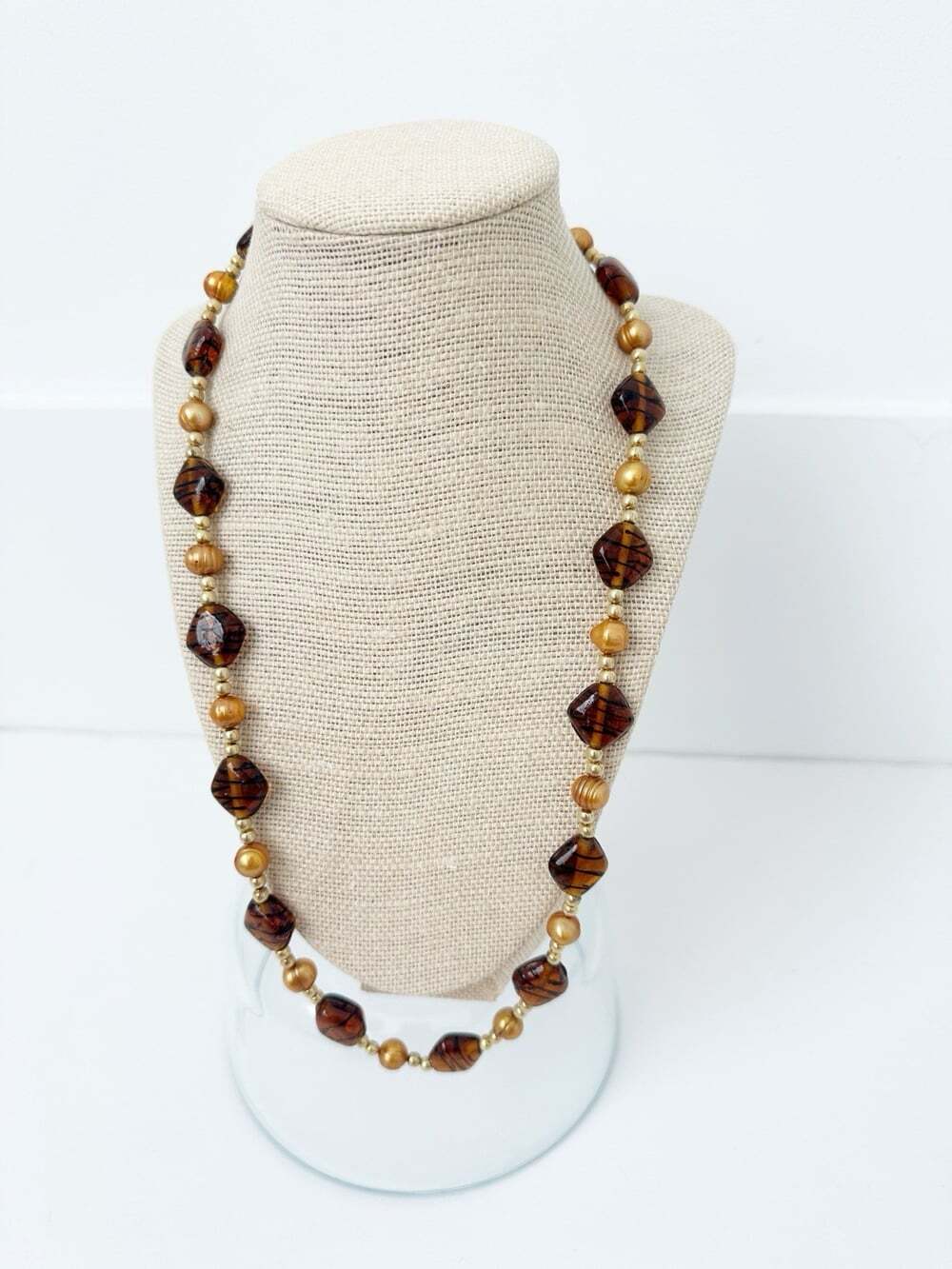NWT Genuine Murano Glass, Pearls & Metal Bead Necklace Gold-Colored, Brown